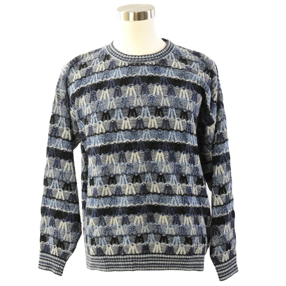 90s Vintage Textured Blue Knit Sweater Mens 2XL Blue Geometric 3D Pattern